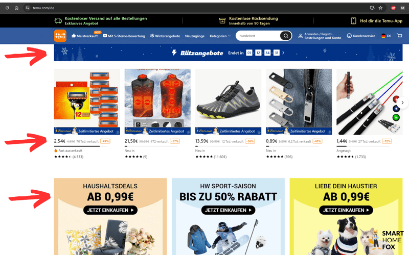 DIe Zahlreichen Angebote auf der Temu Website sind zu sehen.